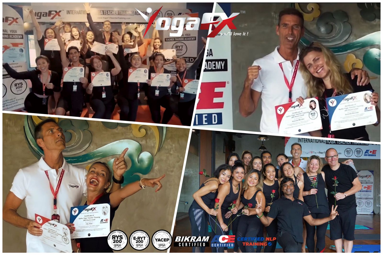 YogaFX graduates holding their RYT 200 and Bikram Hot 26 and 2 yoga teacher certificates with Mr. Ian Terry in Bali